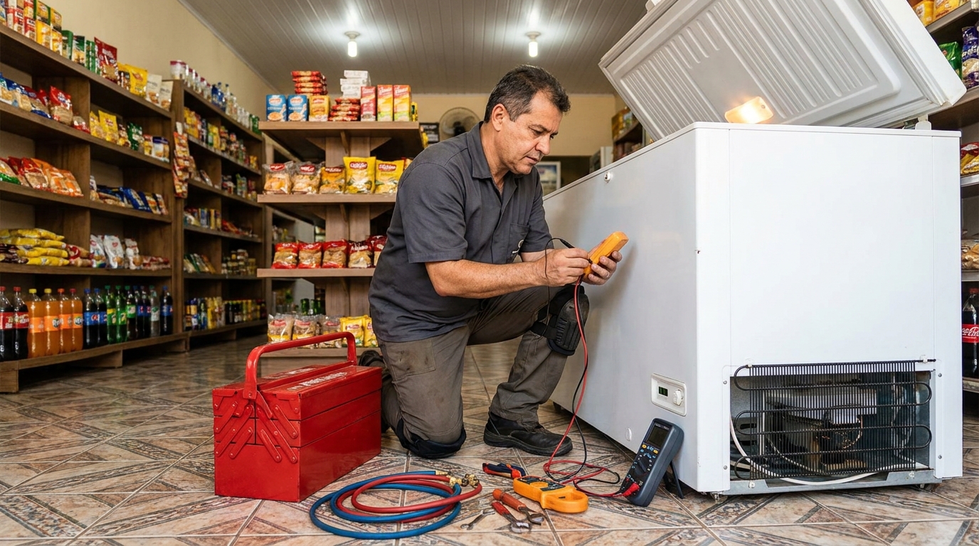 Manômetro conectado ao circuito durante recarga de gás de freezer em Osasco‑SP