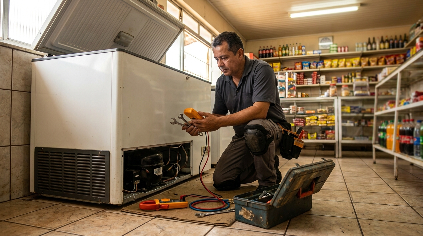 Técnico avaliando um freezer vertical durante atendimento em Osasco‑SP