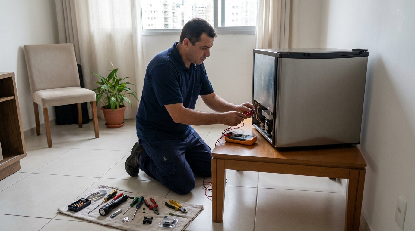 Técnico avaliando um frigobar compacto durante atendimento em Osasco‑SP